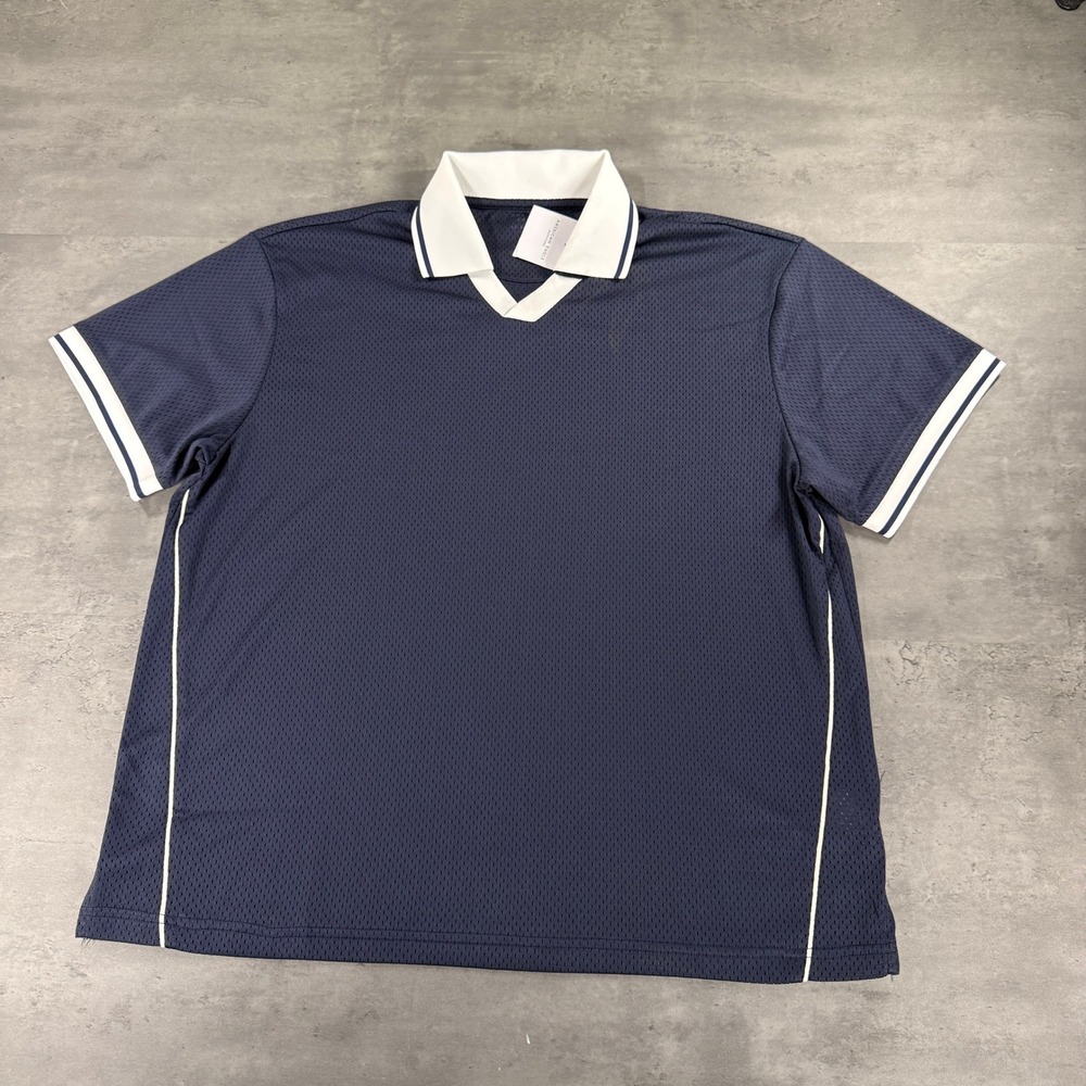 American Eagle Mesh Polo Shirt Mens L AE Boxy Fit Navy Blue Contrast Trim NEW